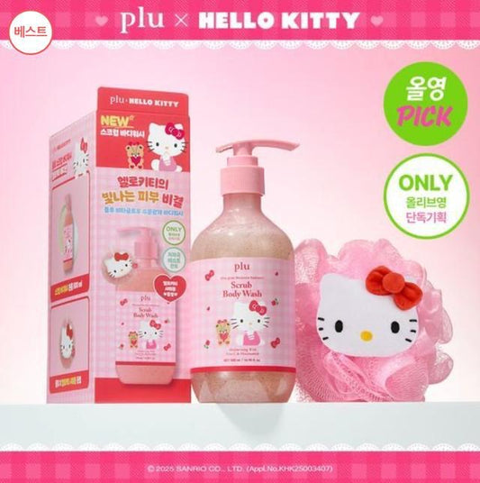 現貨❤️韓國 Plu X Hello Kitty 玫瑰保濕水潤光澤 磨砂沐浴露 500ml + 沐浴球｜Vita Glow Moisture Radiance Scrub Body Wash